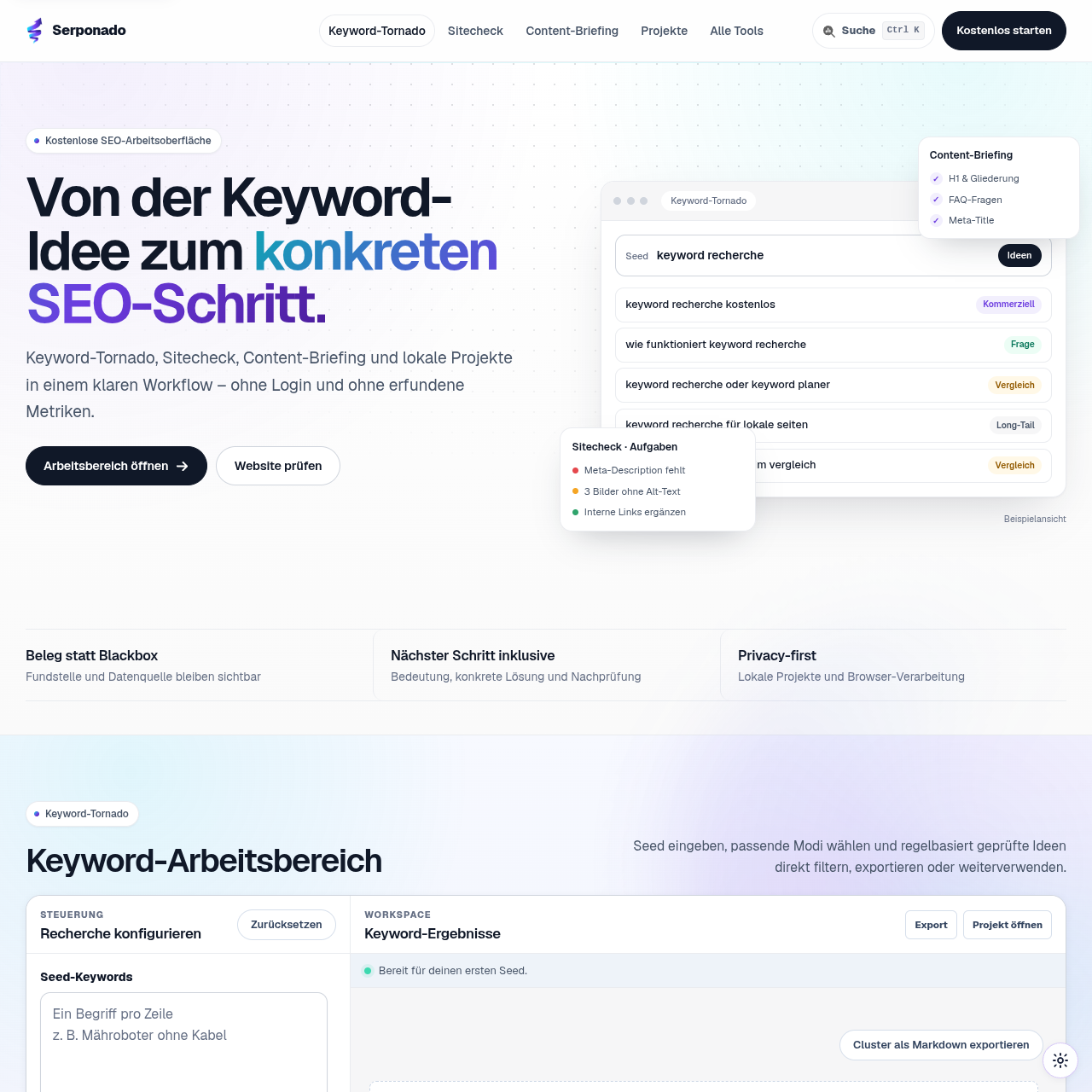 Serponado – eigenes SEO-Tool mit Keyword-Arbeitsbereich